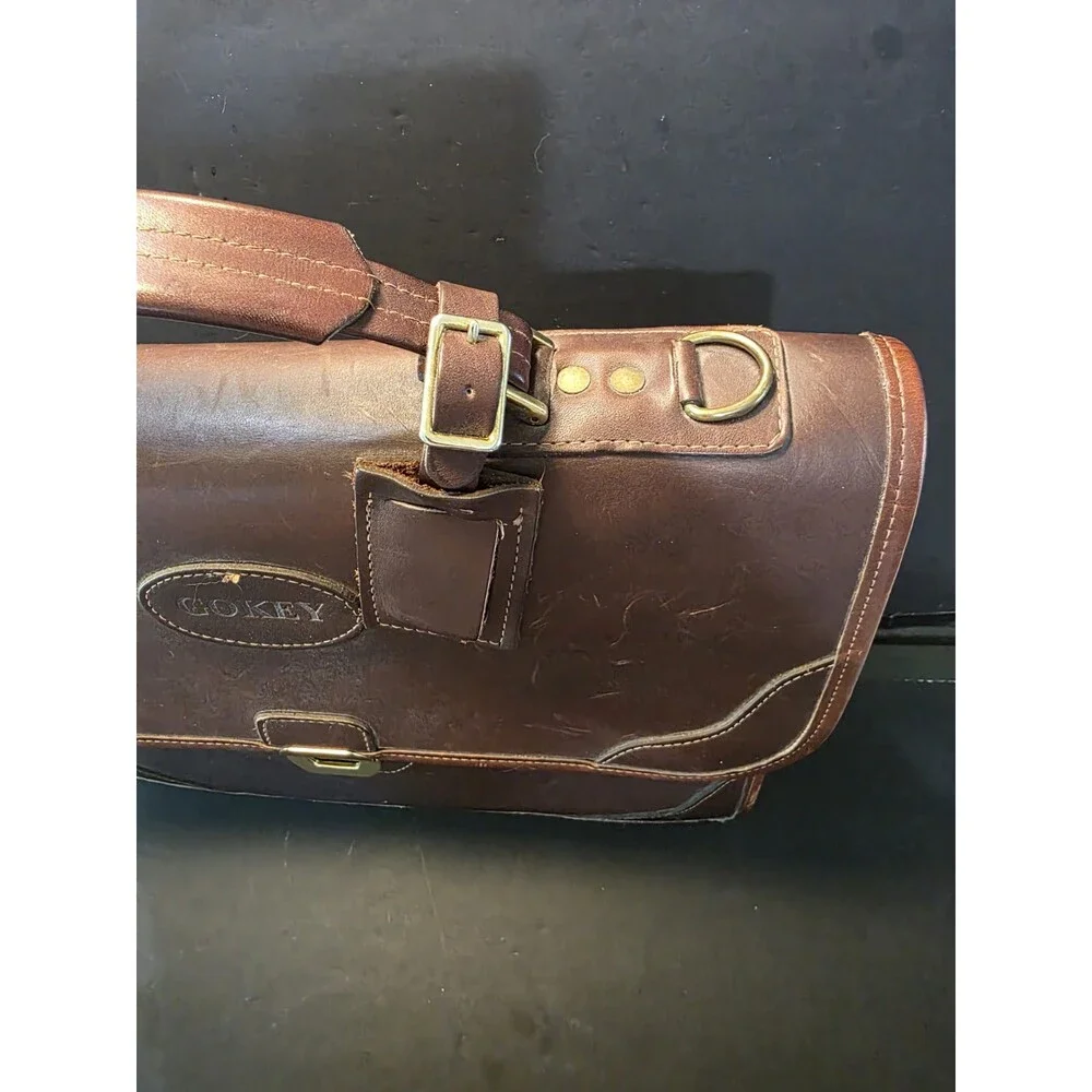 Vintage Gokey USA Brown Leather Flapover Briefcase Messenger Bag Luggage Tag